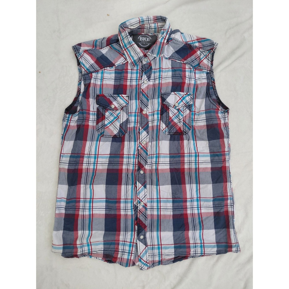 BKE Mens Slim Fit Sleeveless Western Plaid Snap Shirt Red White Blue XL